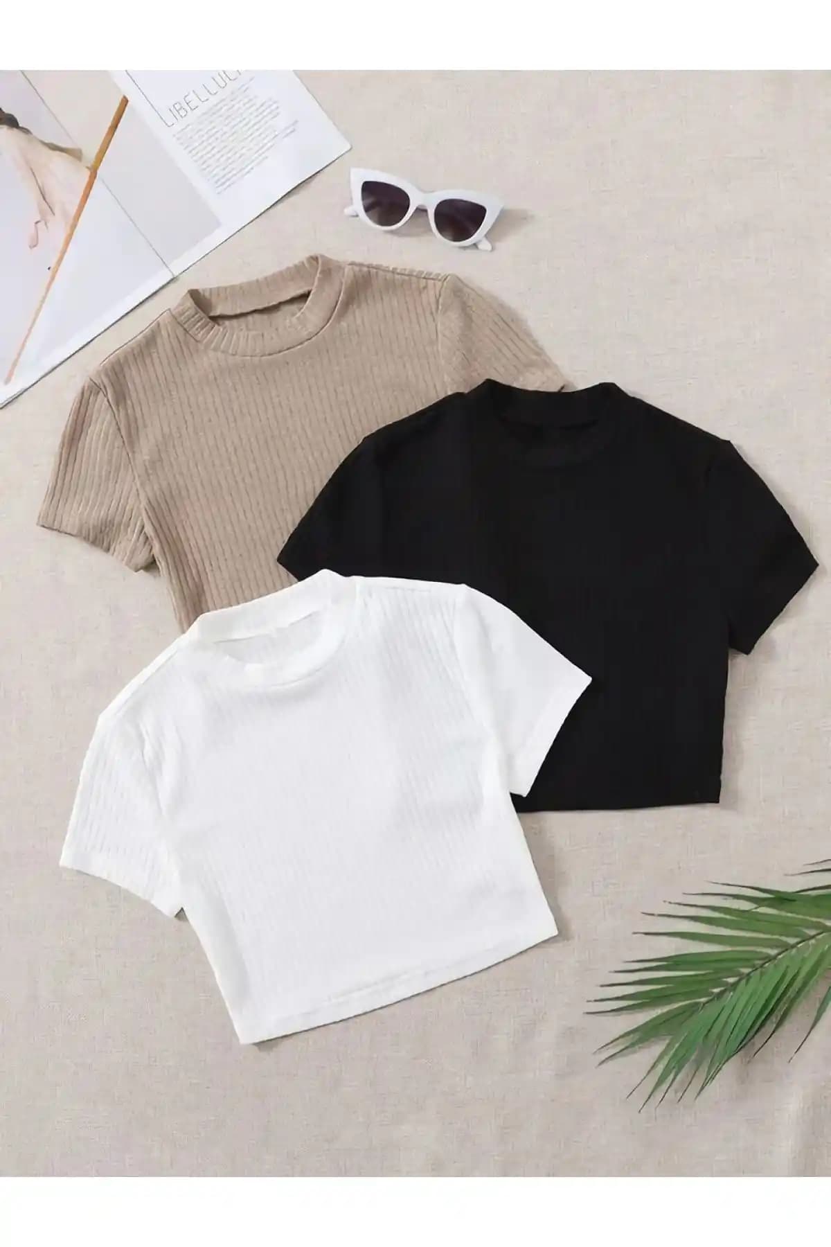 Öz Pamuk Kadın 3'lü Fitilli Crop T-shirt Modern ve Şık Tasarımıyla Günlük Kullanım İçin Uygun