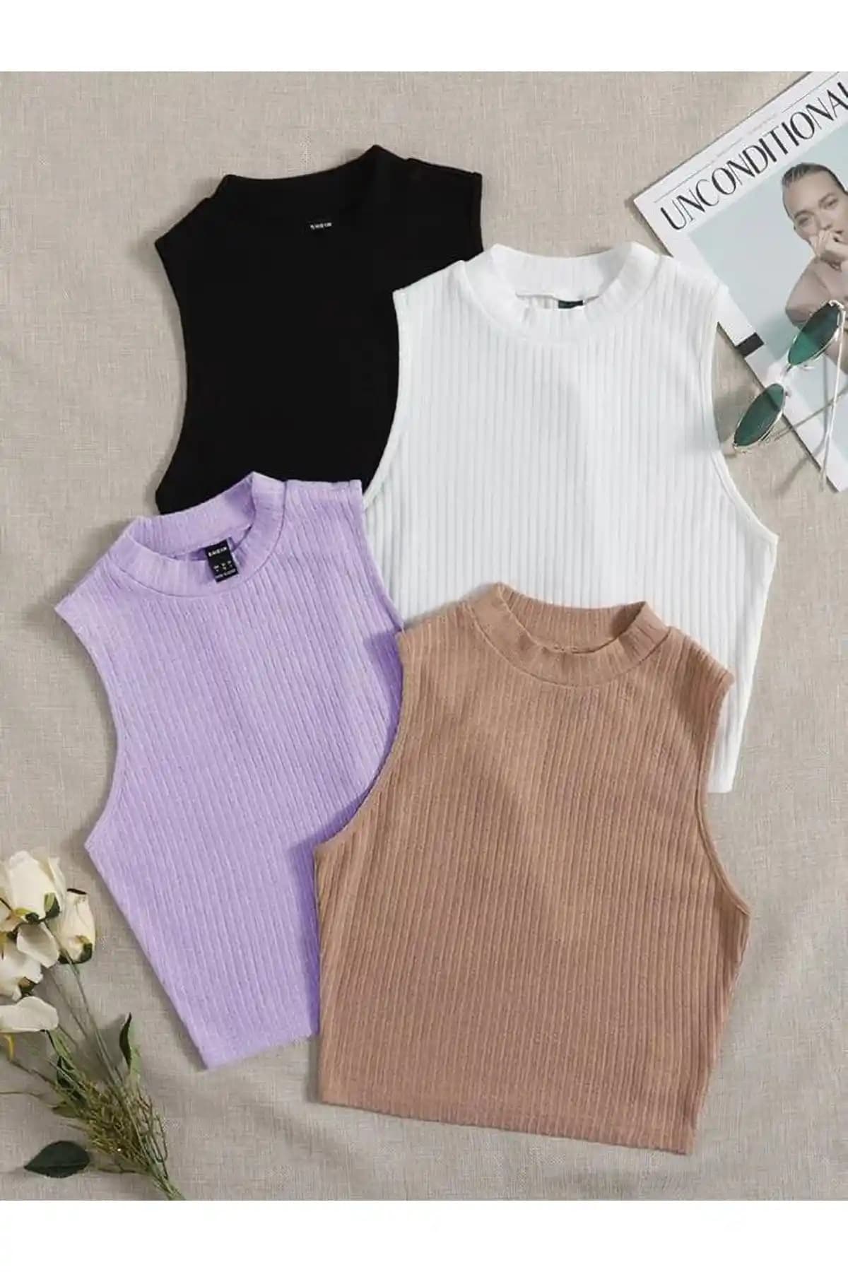ÖZ PAMUK Kadın 4'lü Crop Bluz Seti %100 Pamuklu Şık ve Rahat Günlük Giyim Seçeneği