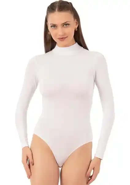 Özkan 0614 Kadın Penye Likralı Pamuklu Balıkçı Dik Yaka Uzun Kollu Body