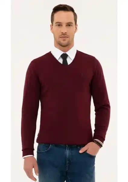 Pierre Cardin Erkek Bordo Slim Fit V Yaka Basic Triko Kazak Günlük Şıklık ve Konfor