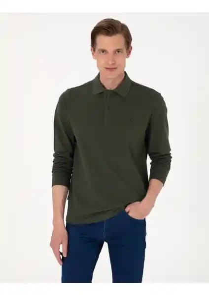 Pierre Cardin Erkek Koyu Yeşil Slim Fit Polo Yaka Basic Pike Sweatshirt