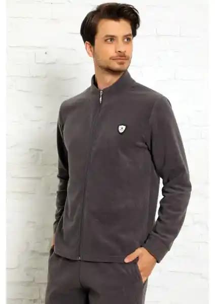 Pijama Evi Gri Polar Erkek Pijama Takımı Uzun Kollu Fermuarlı Konforlu Kış Giyim