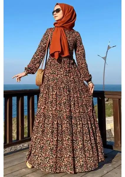 Rabia Şamlı Güzide Yaprak Desenli Turuncu Kadın Elbise Modern ve Şık Tasarım