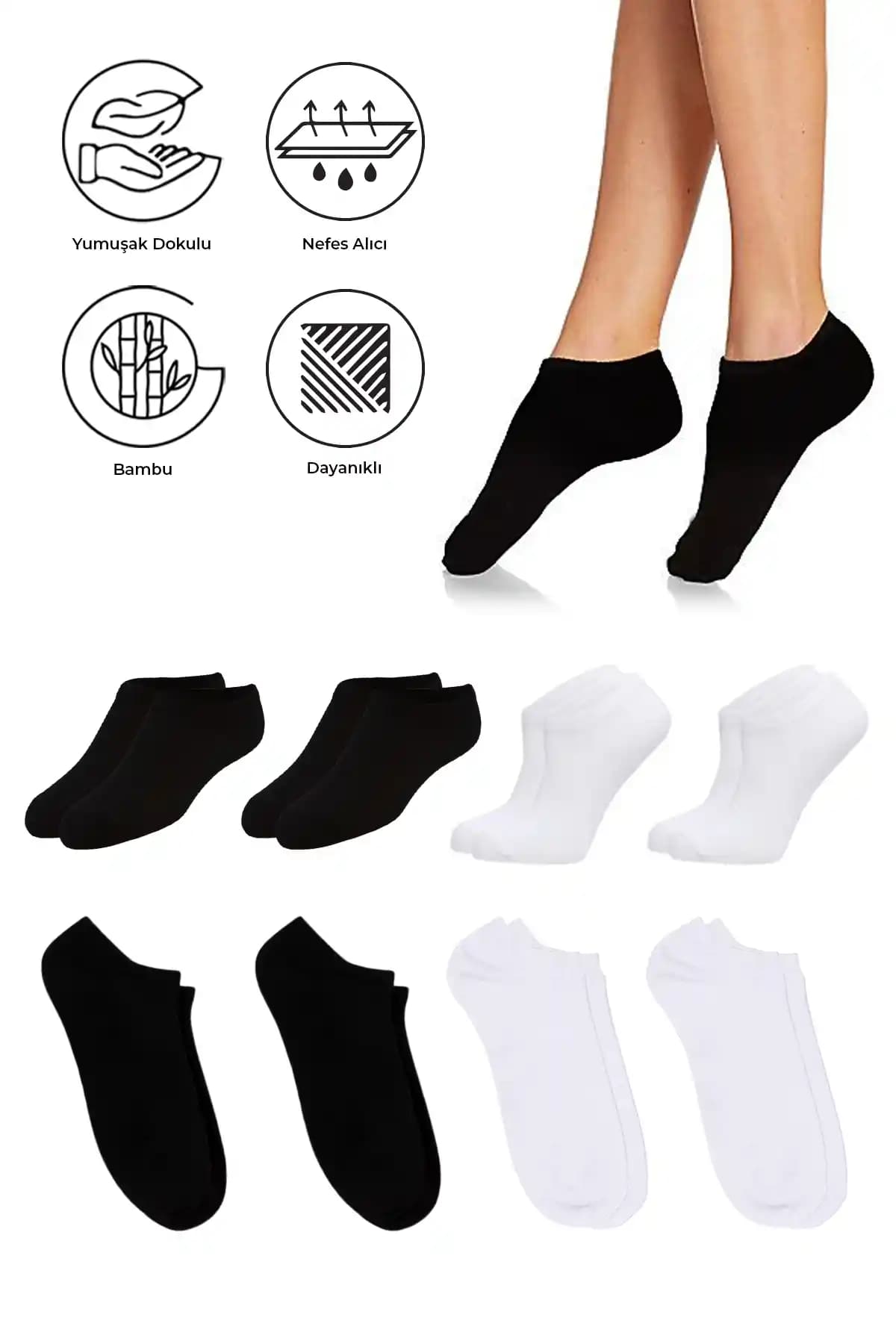 SAYSEZ Bambu Kadın Sneaker Çorap Siyah-Beyaz Konfor ve Şıklık Sunar
