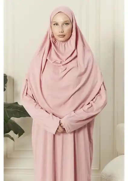 Seva Markası Gül Kurusu Renkli Kendinden Başörtülü Namaz Elbisesi Günlük Kullanım İçin