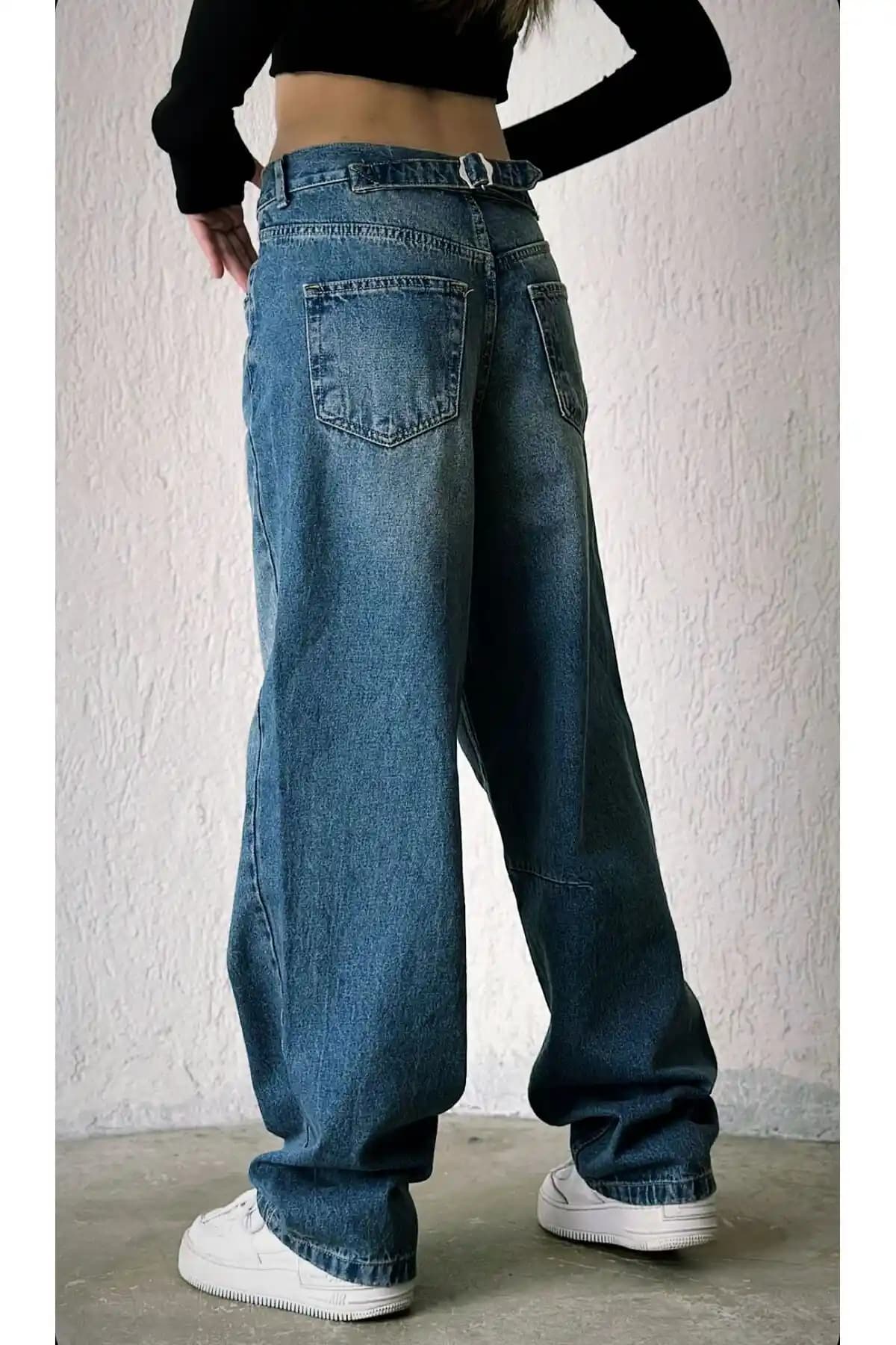 Shield Life Tibet Spreyli Toka Detaylı Bol Kesim Geniş Paça Rahat Kadın Jean Pantolon
