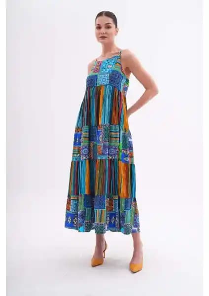 Şimal Kadın Etnik Desenli İp Askılı Uzun Elbise: Modern ve Rahat Yazlık Giyim Seçeneği