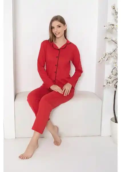 Sude Homewear Kadın Kırmızı Düğmeli Uzun Kol Pijama Takımı - Rahat ve Şık Tasarım