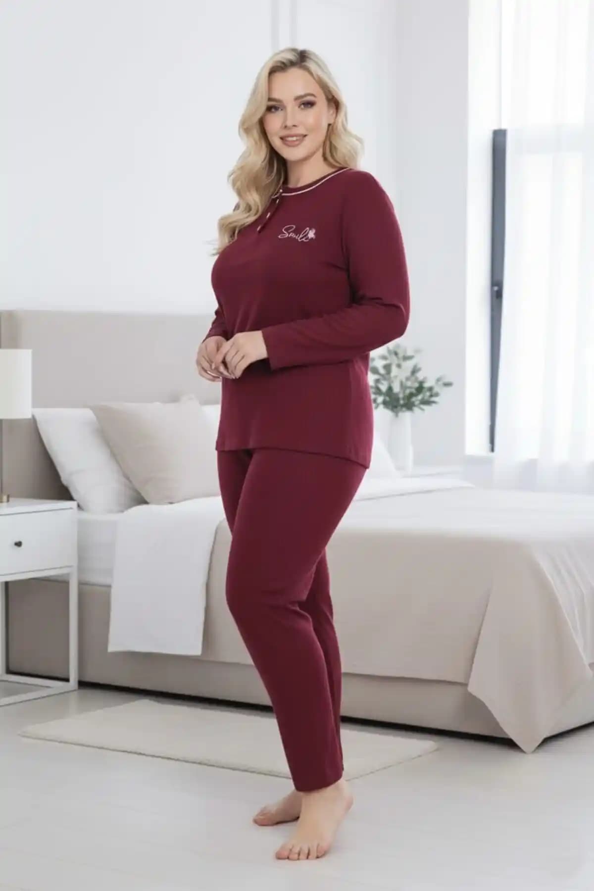 Temporium Kadın Kışlık Bordo Büyük Beden Uzun Kollu İnterlok Pijama Takımı