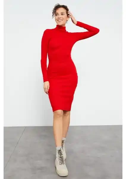 Tommy Life Kırmızı Kaşkorse Triko Kadın Elbisesi Günlük ve Şık Kullanım İçin Uygun