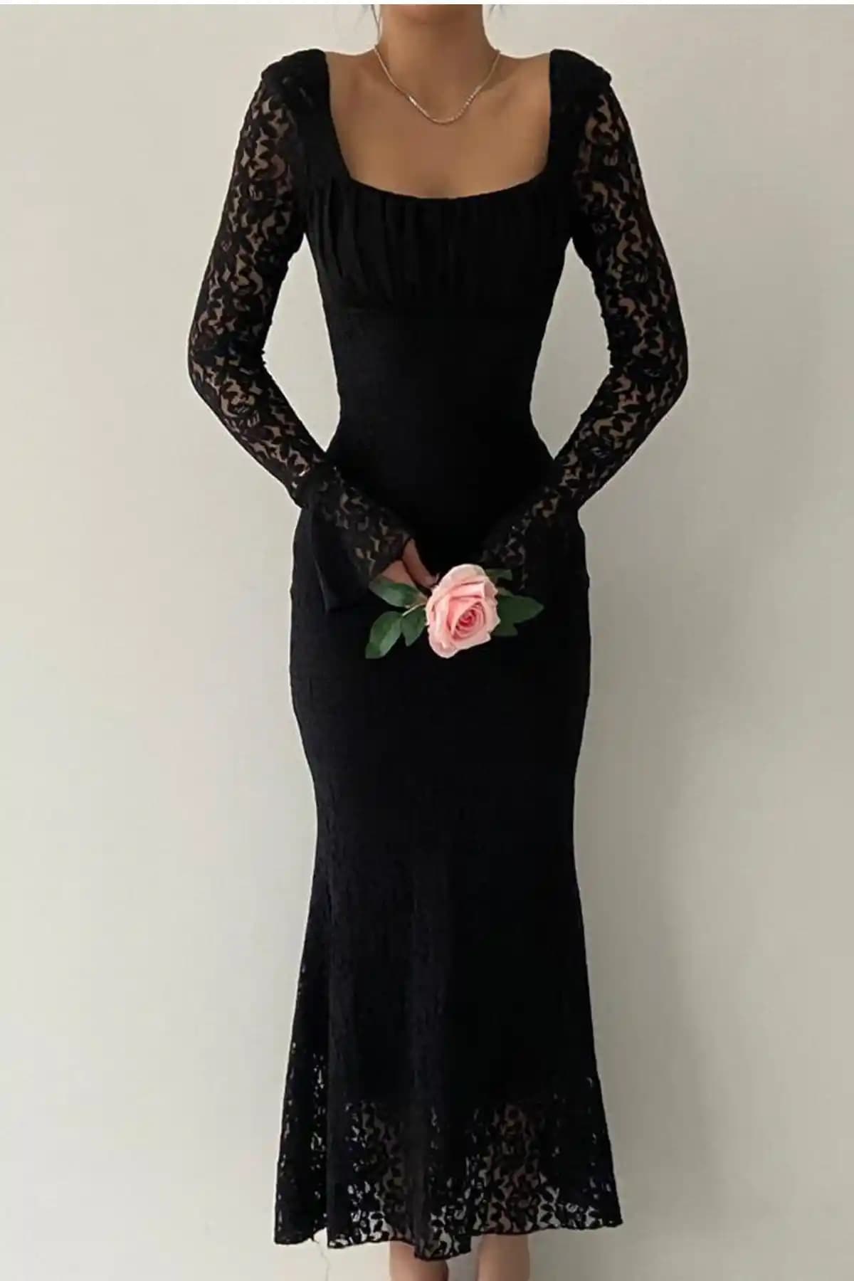 Vuvutasarım Siyah Güpürlü ve Tül Detaylı Kare Yaka Midi Elbise 209