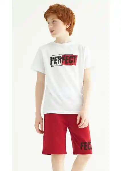 Zepkids Erkek Çocuk Kısa Kollu Baskılı Kaprili Takım Beyaz ve Kırmızı Renklerde