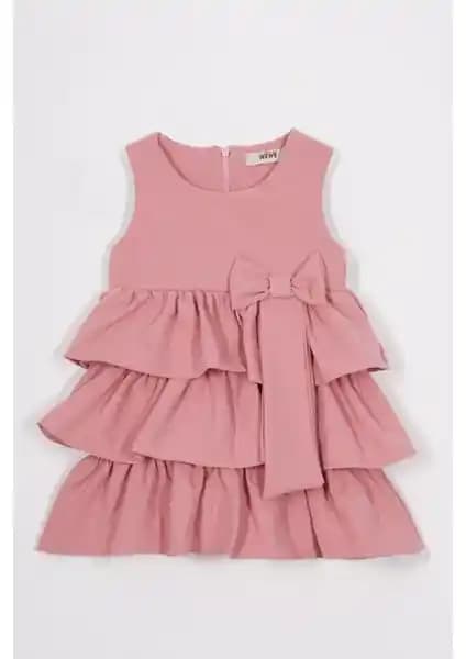 Zepkids Pudra Renkli Fırfırlı Kurdele Detaylı Kız Çocuk Elbisesi Günlük Kullanım İçin