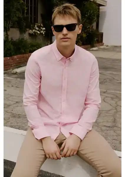 Altınyılz Classics Erkek Pembe Slim Fit Dar Kesim Keten Görünümlü Pamuk Gömlek