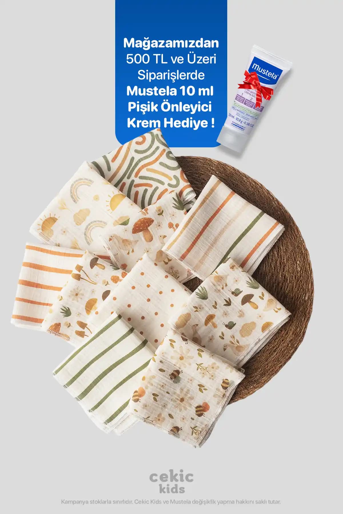 Çekic Kids 10'lu Desenli Müslin Bebek Ağız Mendili Güvenli ve Pratik Kullanım