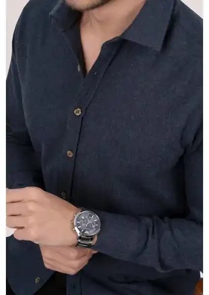 Etikmen Lacivert Düz Slim Fit Erkek Gömlek Günlük ve Spor Kullanım İçin Uygun
