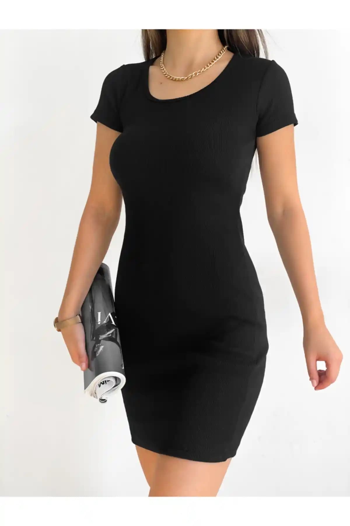 Kadın Ladyzey Siyah Mini Bisiklet Yaka Kısa Kollu Elbise Günlük ve Şık Kullanım İçin