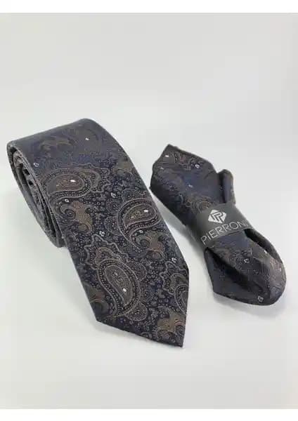 Pierroni Erkek Kahverengi Şal Desenli Mikro Kumaş Kravat ve Mendil Seti