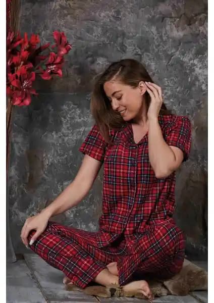 Sude Homewear Kadın Kırmızı Ekose Kısa Kollu Pijama Takımı 2024 Yaz Sezonu İçin Uygun