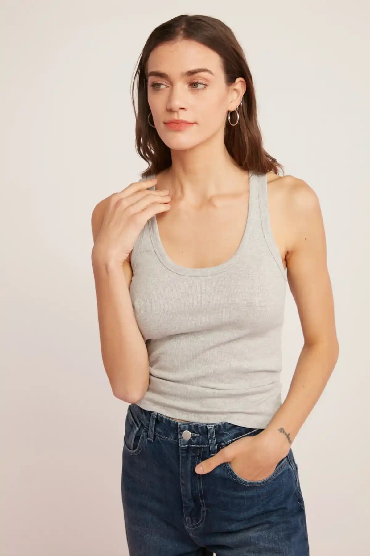 ETHIQUET Lıllesol Kadın Fitilli Kalın Askılı Gri Atlet Modern ve Şık Tasarım