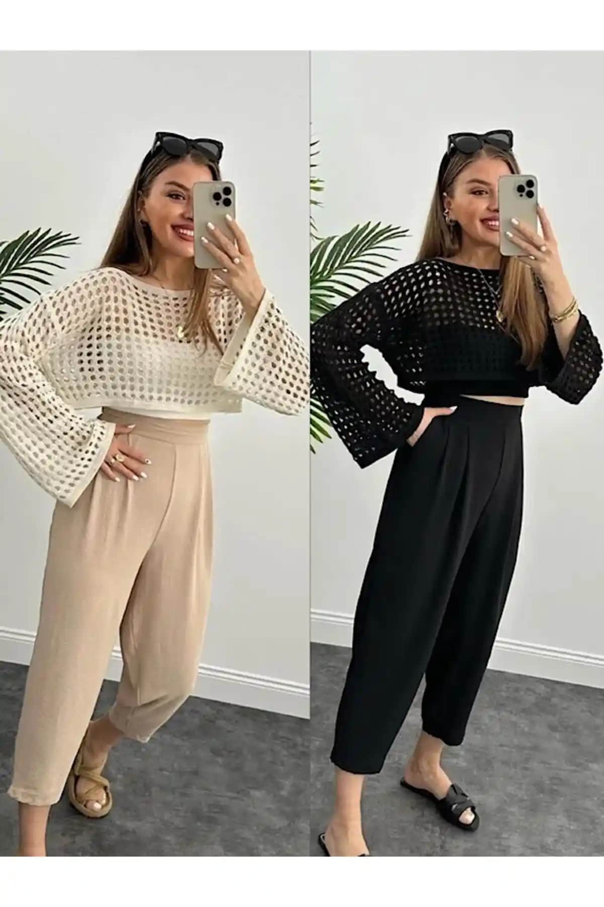 FİOX ATELİER Kadın Trend İkili Bej Siyah Paket Ajurlu Crop Triko Modaya Uygun Tasarım