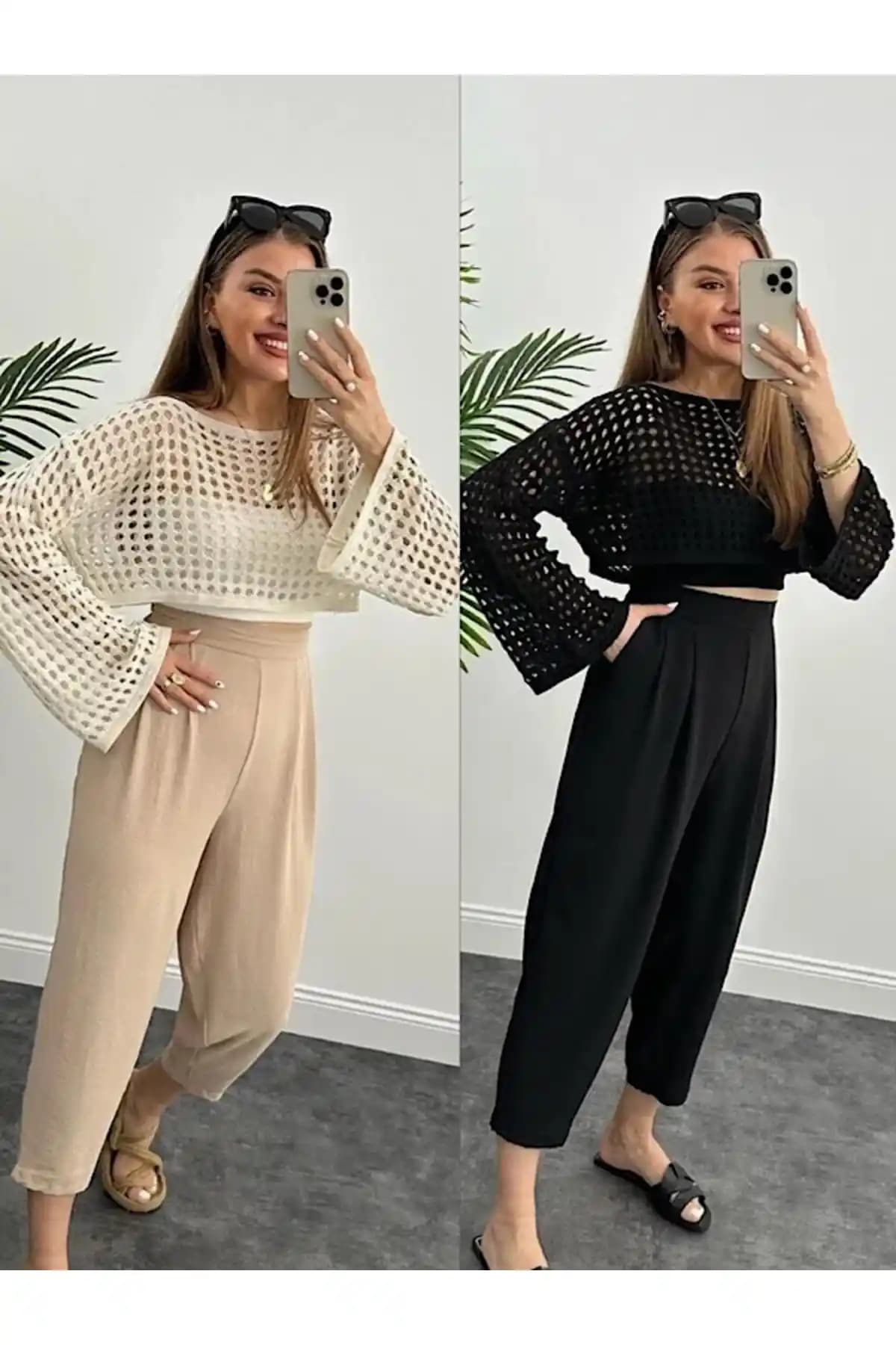 FİOX ATELİER Kadın Trend İkili Bej Siyah Paket Ajurlu Crop Triko Modaya Uygun Tasarım