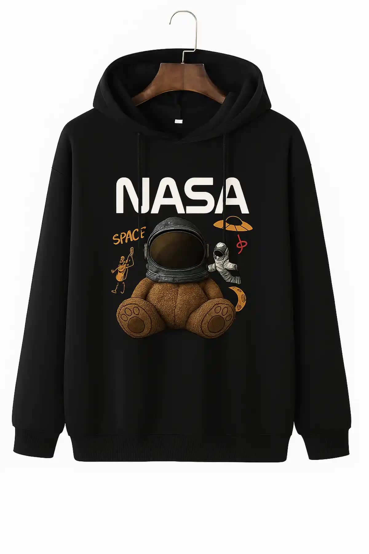 Kokina 3 İplik Penye Unisex Siyah Kapüşonlu Sweatshirt Günlük ve Spor Kullanımına Uygun