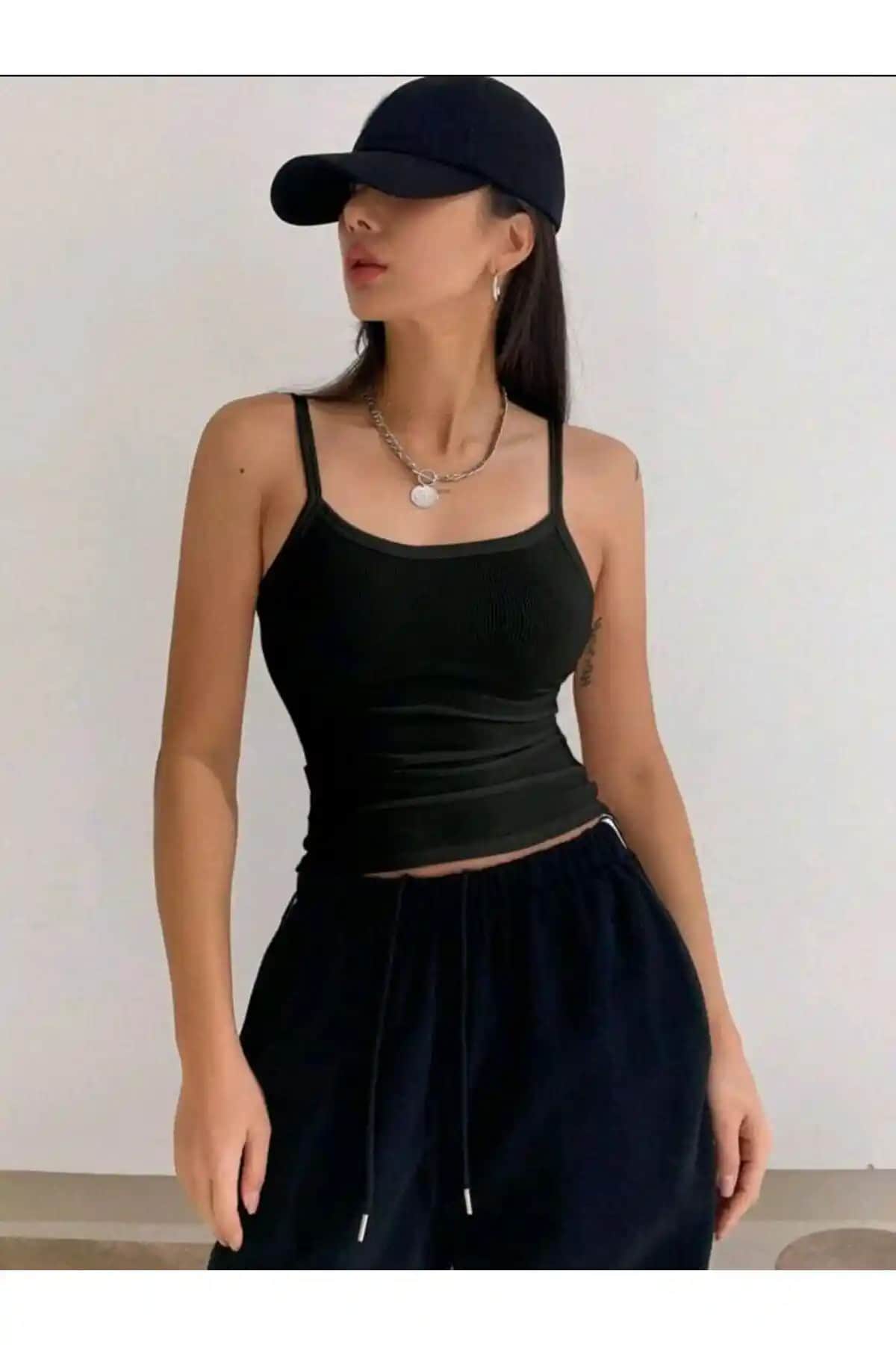 Lemar Moda Kadın Siyah İp Askılı Fitilli Kaşkorse Atlet Şıklık ve Konforun Buluşması