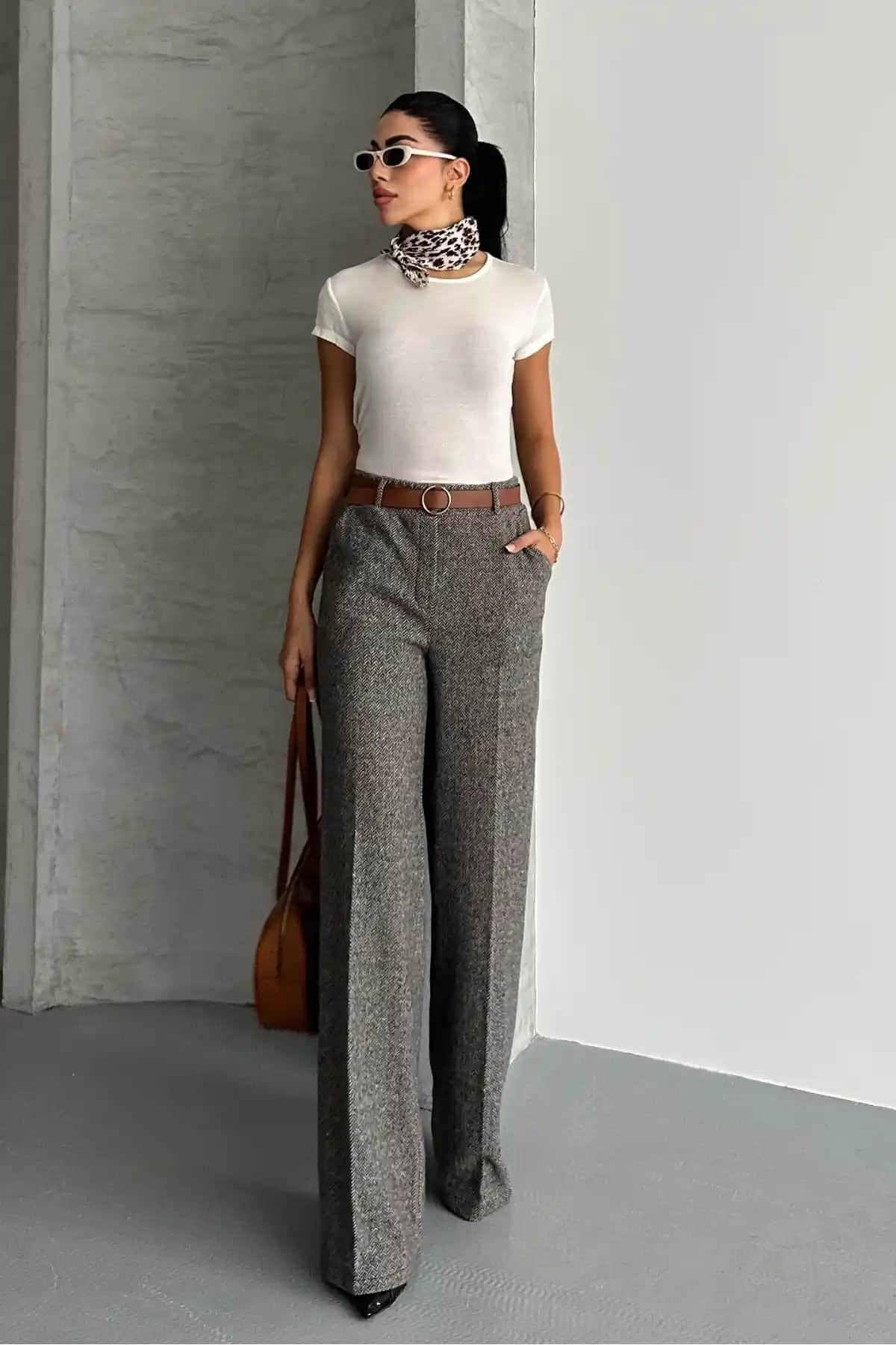 Macharel Jeans Kadın Desenli Bol Paça Kemerli Palazzo Pantolon Günlük ve Ofis Şıklığı İçin