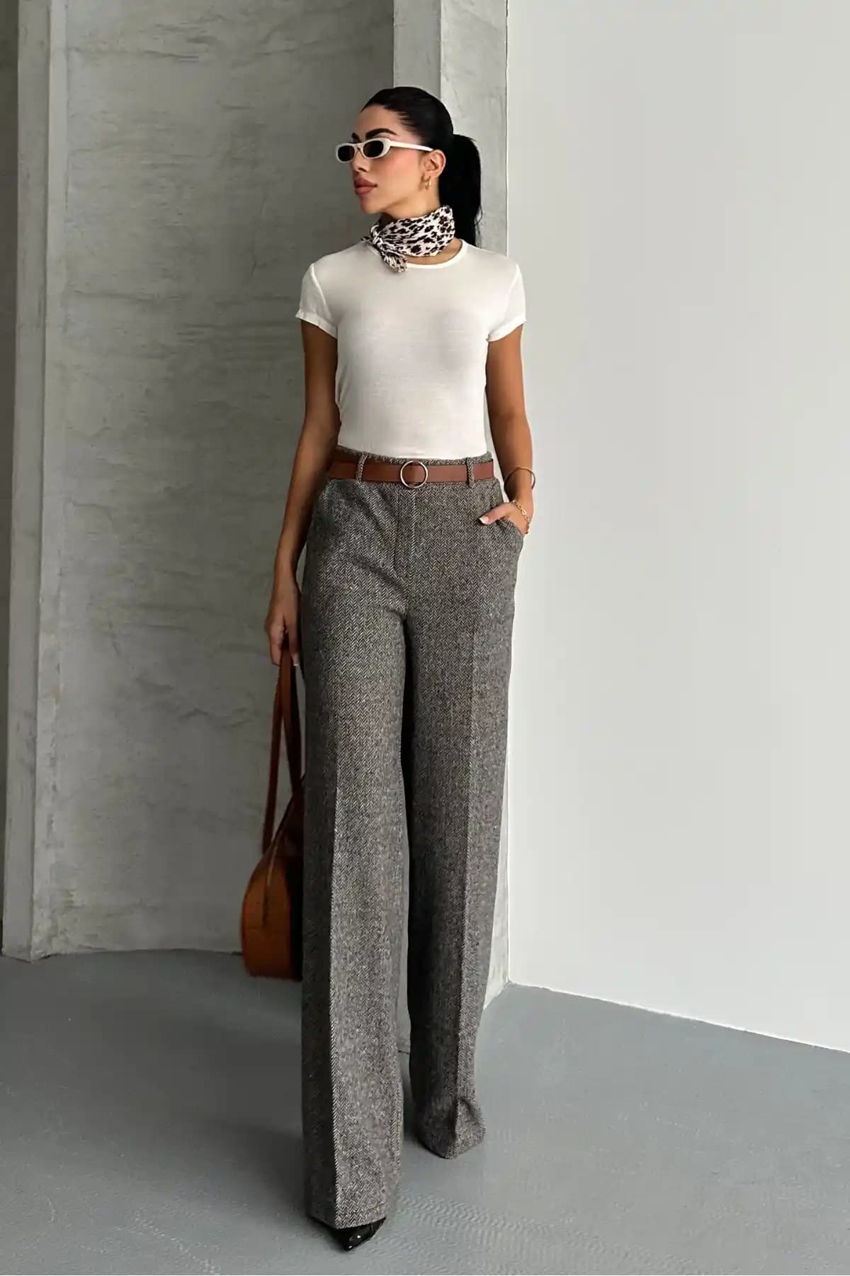 Macharel Jeans Kadın Desenli Bol Paça Kemerli Palazzo Pantolon Günlük ve Ofis Şıklığı İçin