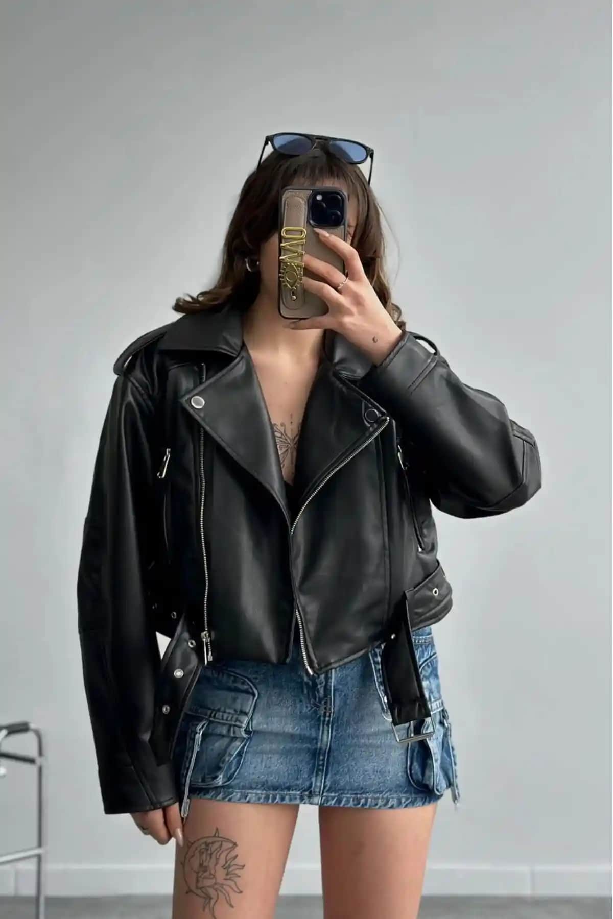 NET OF NOT Yeni Sezon Oversize Siyah Biker Deri Ceket Kadınlar İçin Modern ve Şık Tasarım