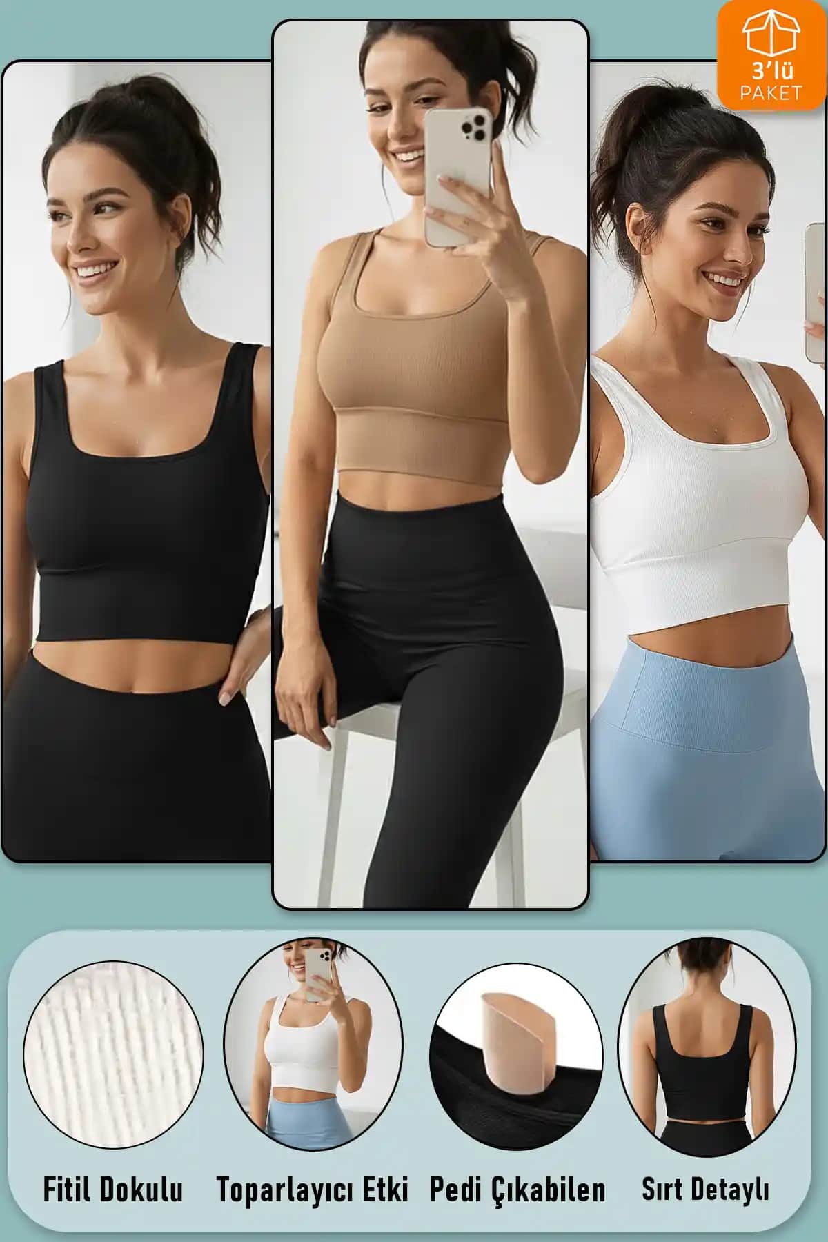 SHİBA Crop 3'lü Kalın Askılı Pedli Spor Sütyeni Günlük ve Spor Kullanımı İçin Modern Tasarım