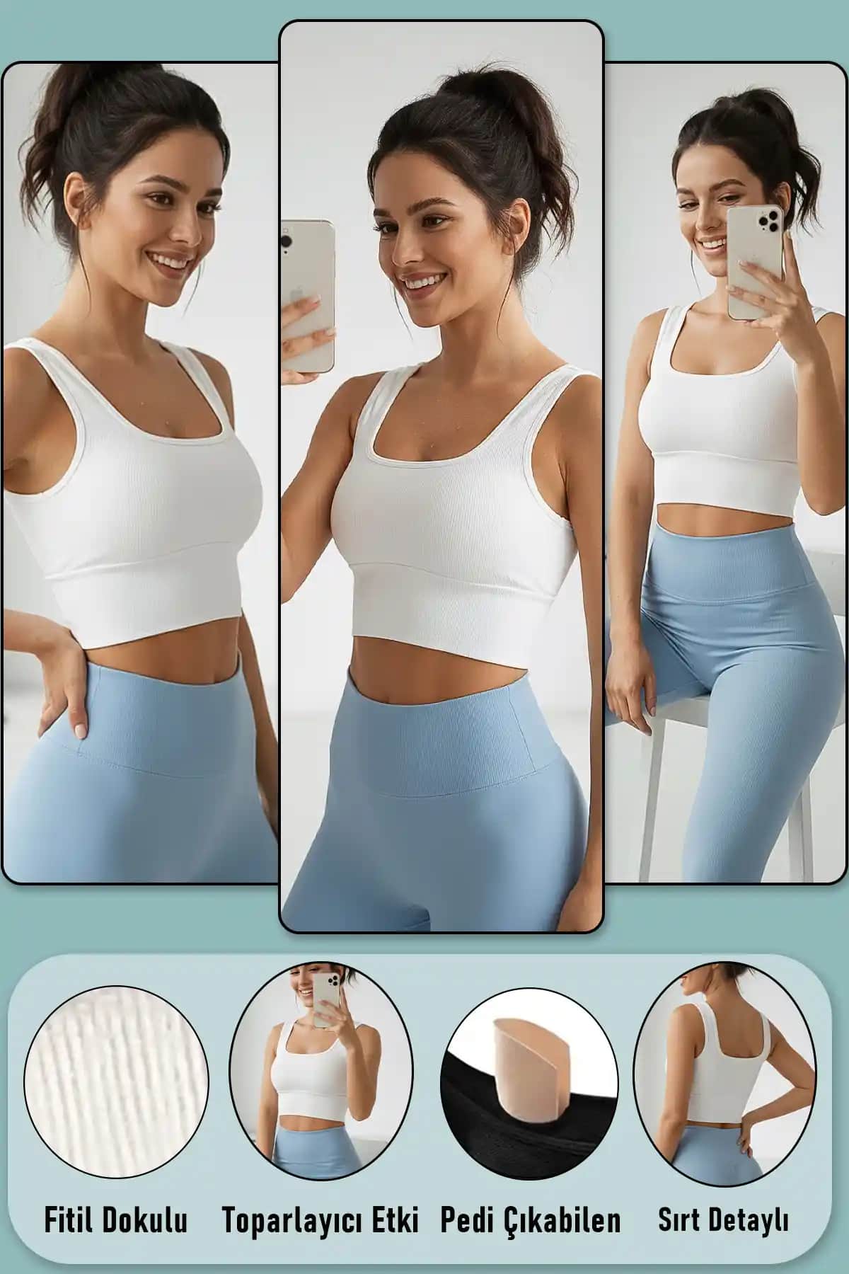 SHİBA Crop 3'lü Paket Beyaz Askılı Yarım Atlet Spor ve Günlük Kullanım İçin