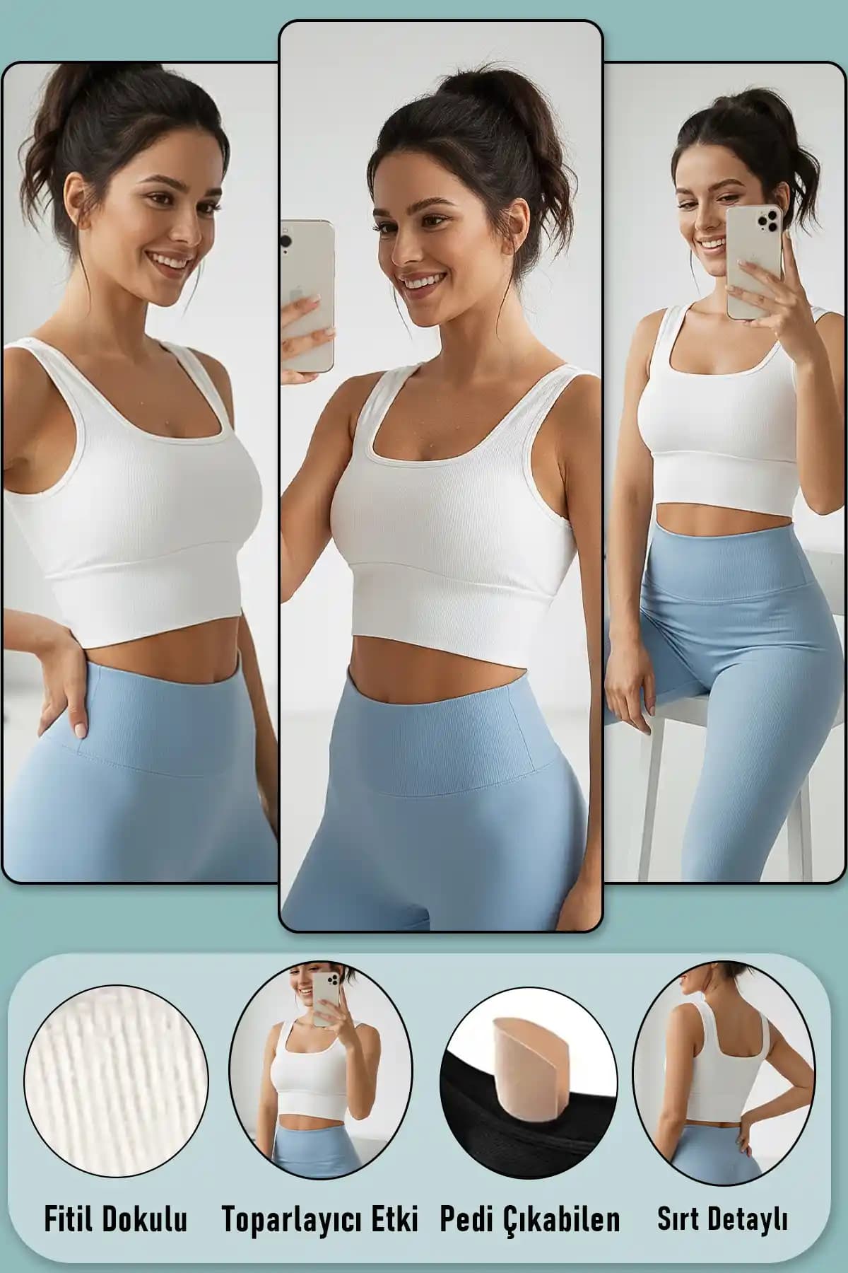 SHİBA Crop 3'lü Paket Beyaz Askılı Yarım Atlet Spor ve Günlük Kullanım İçin