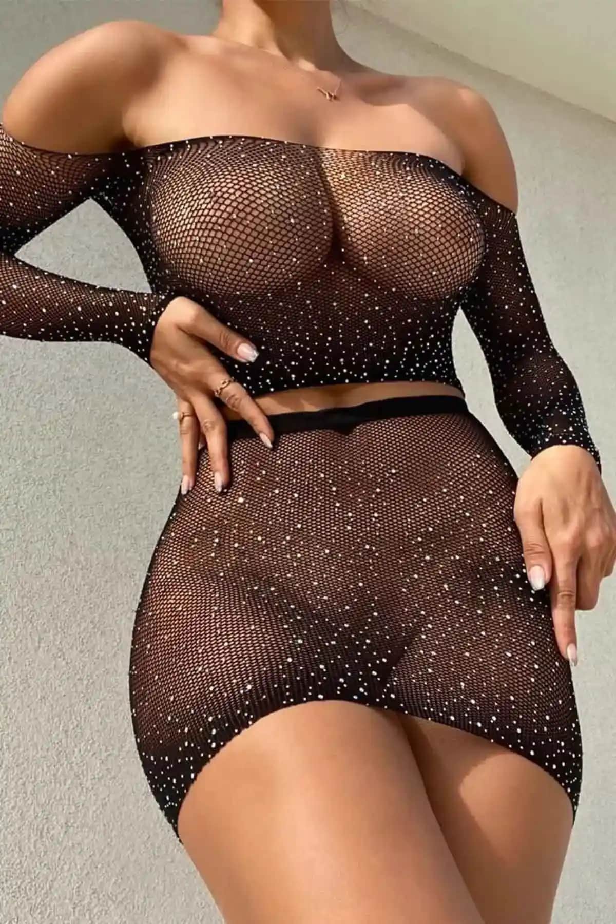 Siyah Hologram Taşlı Transparan Lastik Belli Mini Etek ve Gecelik Tasarımı