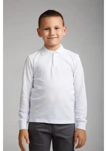Ada Bebek Uzun Kollu Polo Yaka Beyaz Penye Okul Kıyafeti Erkek Çocuklar İçin Konforlu