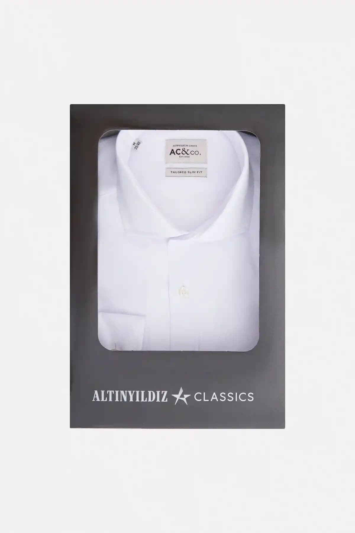 Altınyıldız Classics Erkek Beyaz Slim Fit Armürlü Kumaşlı Klasik Yaka Gömlek