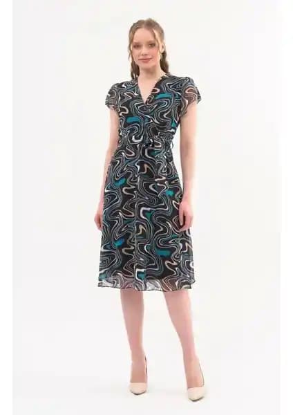 Apsen Kadın Siyah Desen Kruvaze Yaka Midi Boy Şifon Elbise 4445-110 Özellikleri