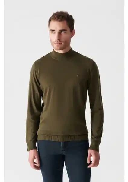 AVVA Erkek Haki Yarım Balıkçı Yaka Tüylenmeyen Regular Fit Triko Kazak
