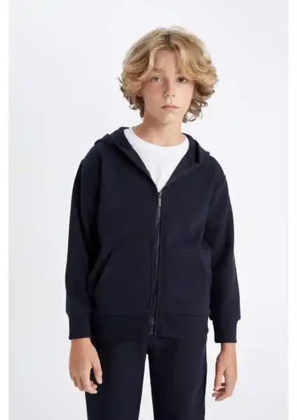 DeFacto Erkek Çocuk Lacivert Kapüşonlu Fermuarlı Basic Okul Hırkası Rahat ve Şık
