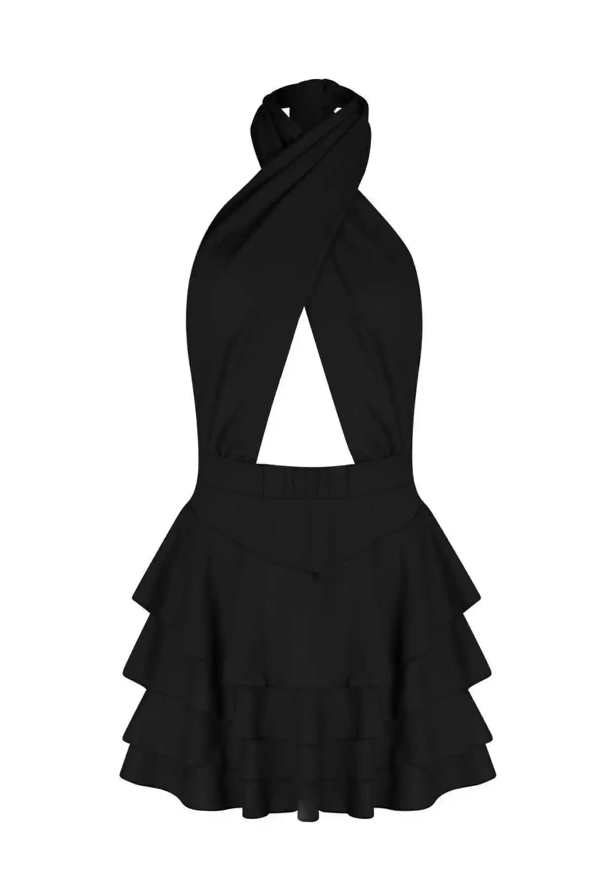 La Sarta MYKONOS Siyah Boyundan Çapraz Bağlı Şort Elbise Rahat ve Şık Tasarım