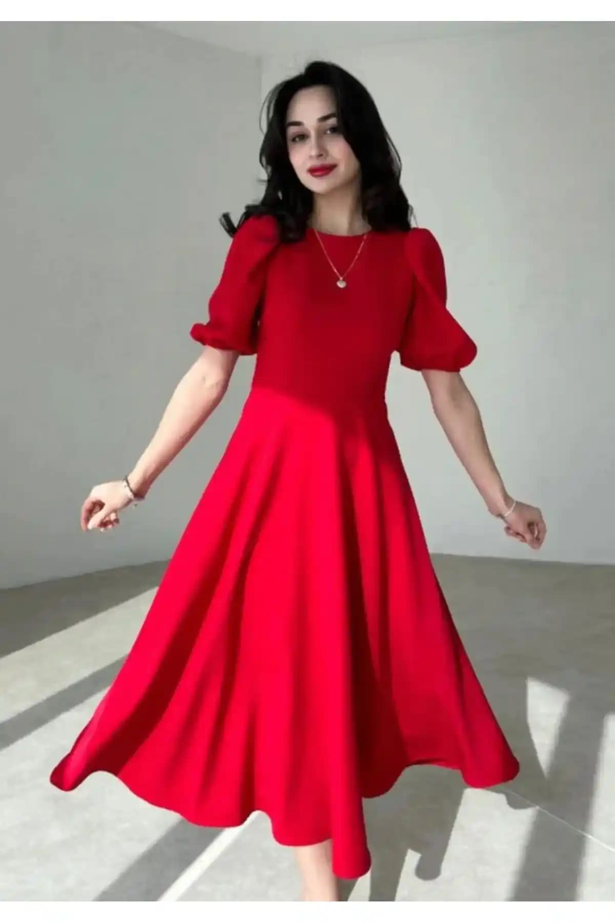 Lumuteks Kırmızı Karpuz Kollu Midi Boy Elbise: Şık ve Rahat Günlük Tasarım