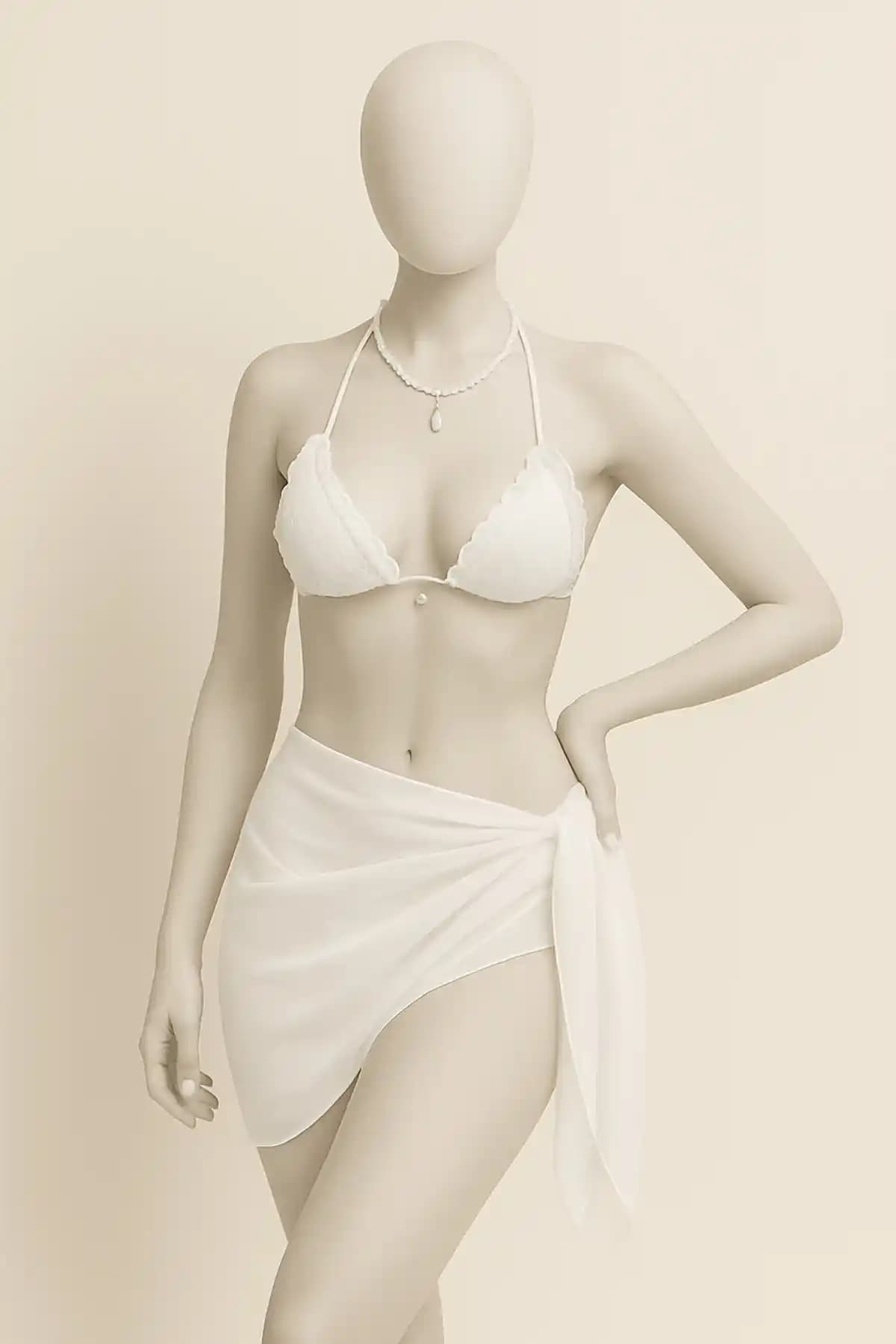 MinaCarin Beyaz Tül Pareo Kadın Plaj Elbisesi Transparan ve Belden Bağlamalı Tasarım