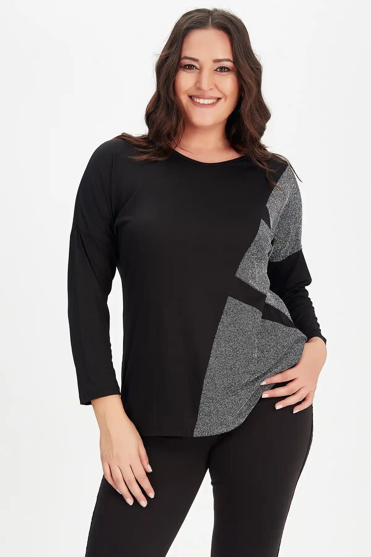Moda Cazibe Kadın Siyah Sim Detaylı Büyük Beden Uzun Kol Bluz Rahat ve Şık Tasarım