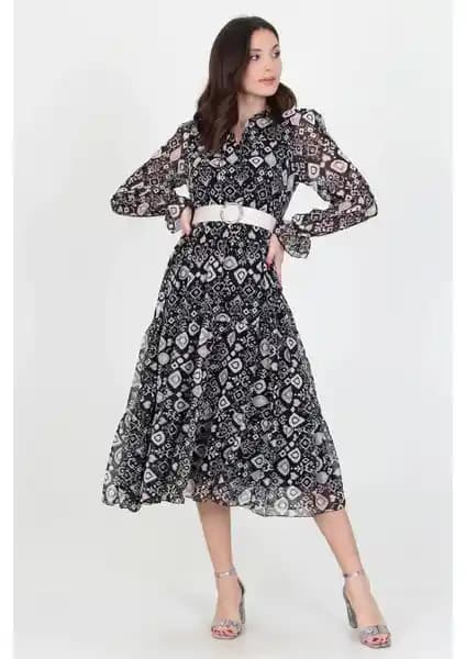 Neşeli Butik Kadın Kemerli Yakası Bağlama Detaylı Desenli Şifon Elbise Modeli RSSN02