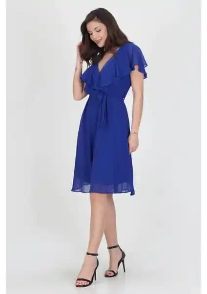 Neşeli Butik Kadın Midi Boy Kruvaze Yaka Melek Kol Şifon Elbise RY8081 Özellikleri