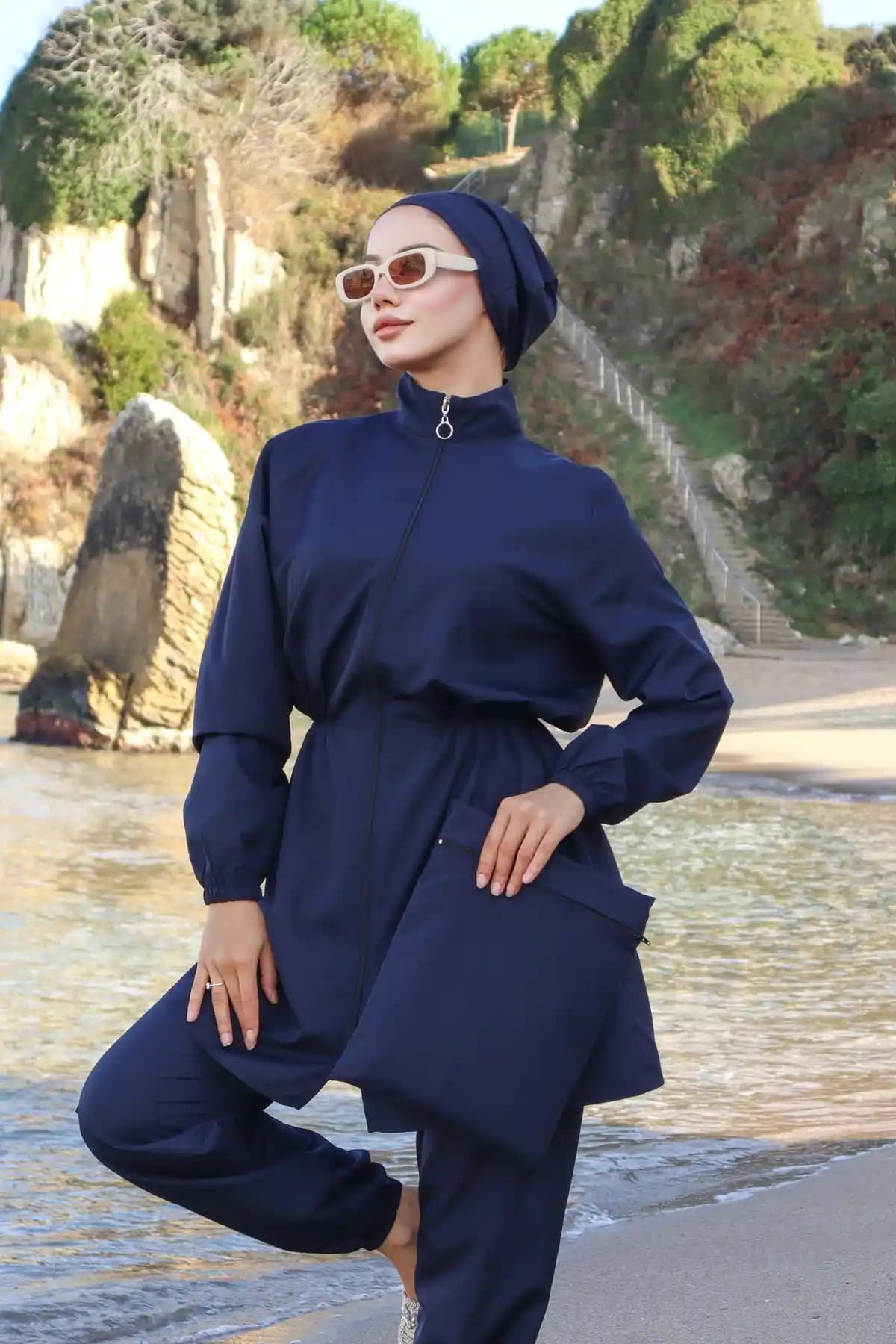 New ATS Atlas Beli Lastikli Tesettür Mayo 4'lü Takım Lacivert - Şıklık ve Konfor