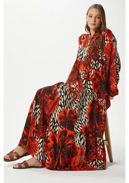 Ritnice Modest Alessi %100 Viskon Turuncu Katlı Balon Kol Maksi Boy Yazlık Elbise