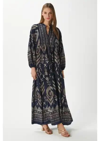 Ritnice Modest Shine Lacivert Altın Sarısı %100 Viskon Maxi Boy Yazlık Kadın Elbise