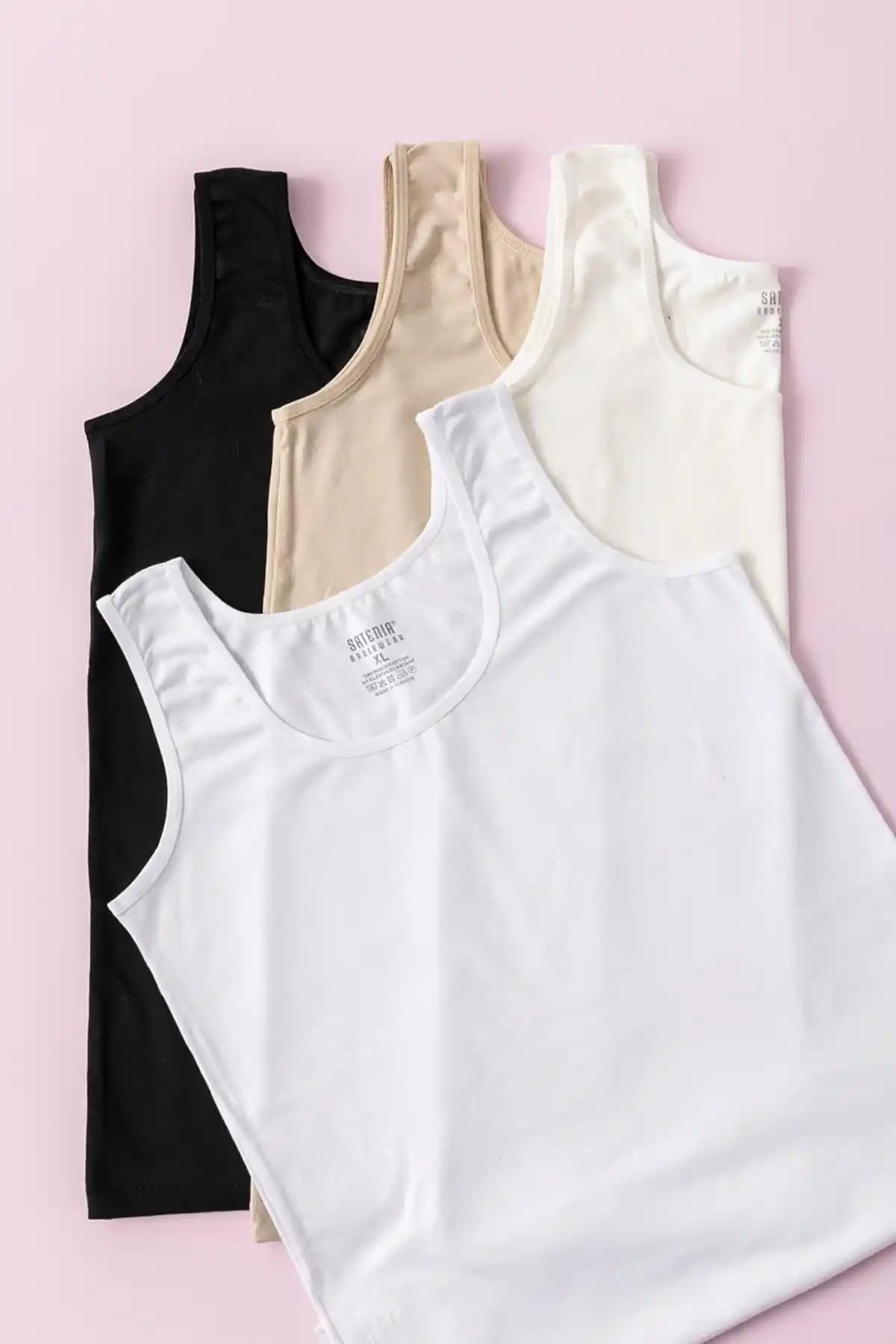 SATENIA LINGERIE Kadın 4'lü Paket Geniş Askılı Ribana Atlet Siyah Beyaz Ten Ekru